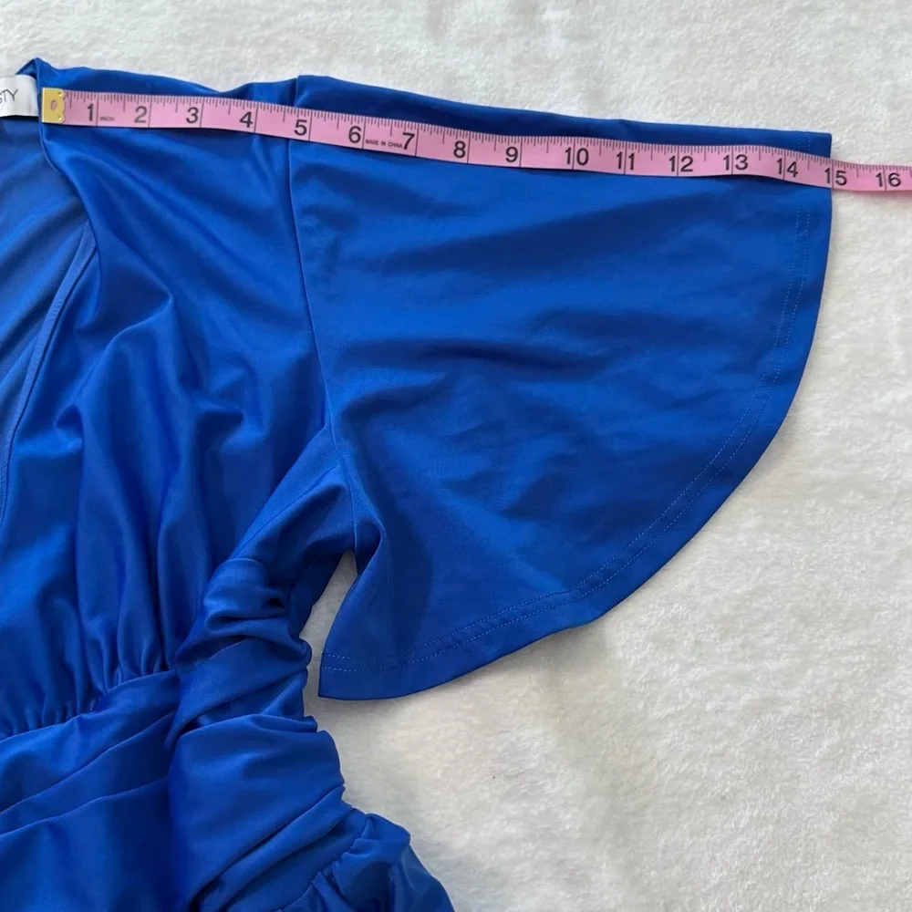 Royal Blue Satin Maxi Gown with Plunge Neckline and Dolman Sleeves - Picture 3 of 16